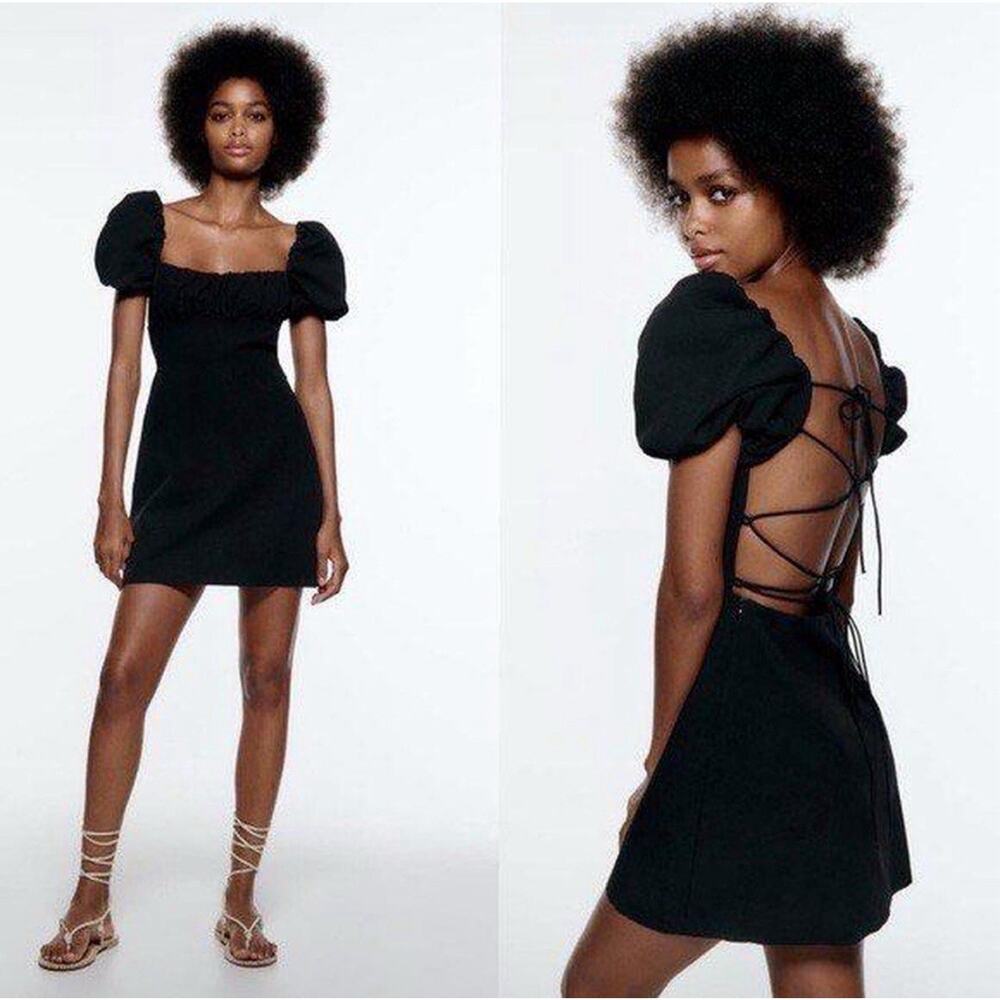 Zara Square Neck Puff Sleeve Lace Up Open Back Babydoll Mini Dress XS Black